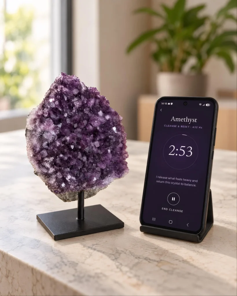 Amethyst cluster on a stand beside a phone running a Crystal Cleanse session: Amethyst, Cleanse & Reset, 432 Hz