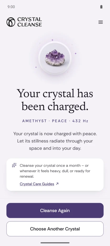 Crystal Cleanse app finish screen: “Your crystal has been charged.” for Amethyst, Peace, 432 Hz, with Cleanse Again and Choose Another Crystal buttons
