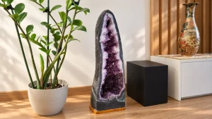 Tall amethyst geode standing on a wooden base beside a potted plant and a home theater speaker.