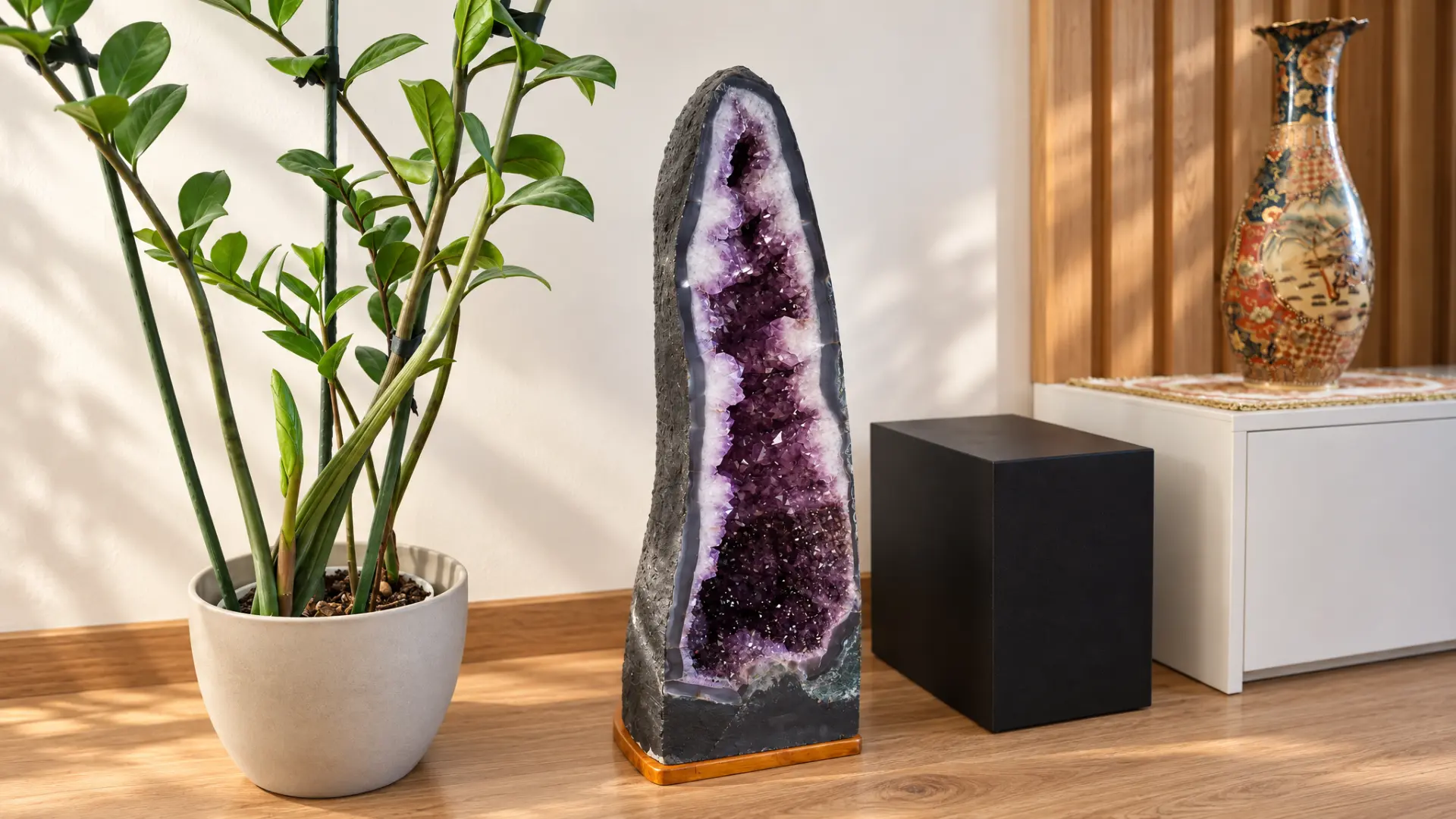 Tall amethyst geode standing on a wooden base beside a potted plant and a home theater speaker.