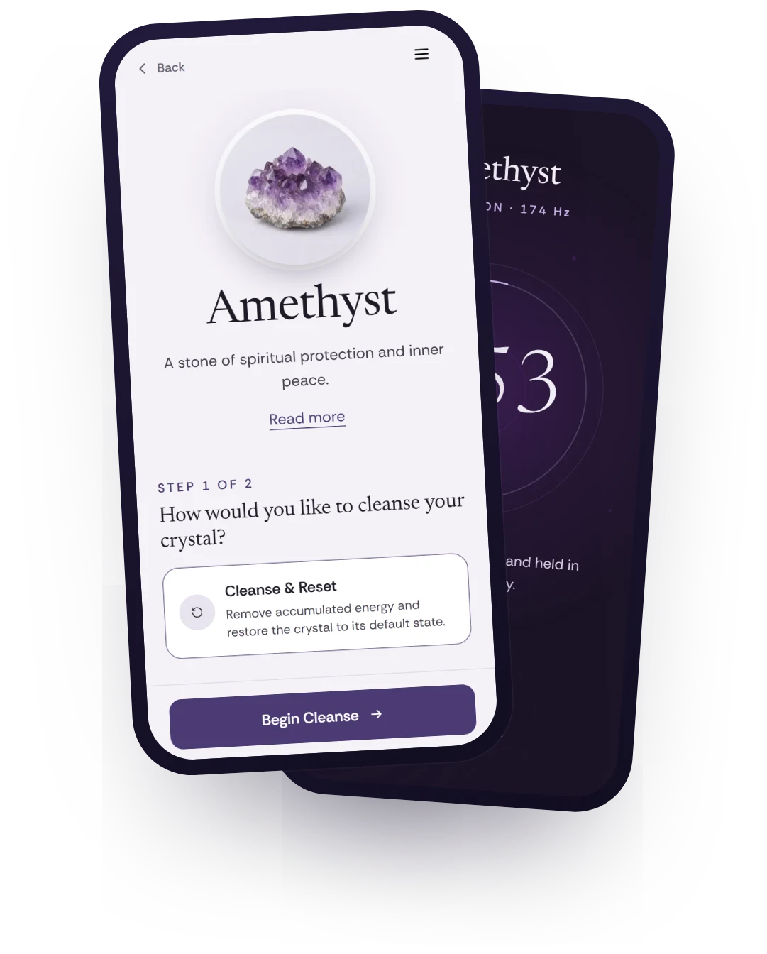 Crystal Cleanse on two phones: the Amethyst page with its first step, and a Protection session at 2:53