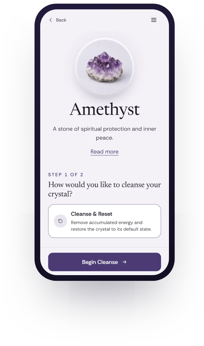 The Crystal Cleanse page for Amethyst, with the crystal’s photo, its description and the first step
