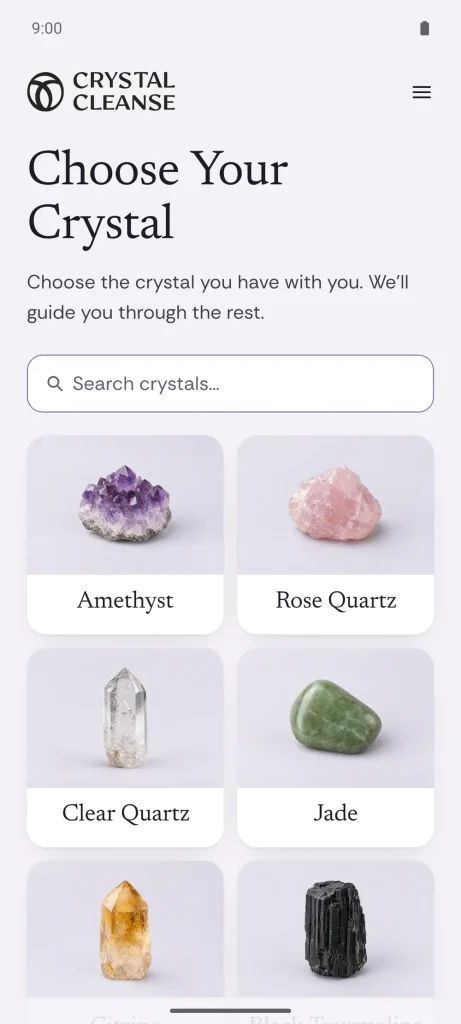 Crystal Cleanse app “Choose Your Crystal” screen with a search box and tiles for Amethyst, Rose Quartz, Clear Quartz and Jade