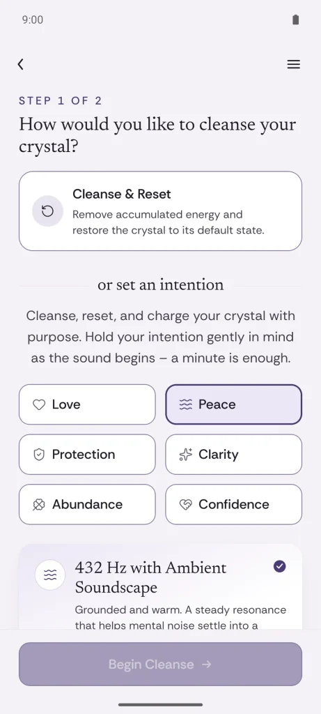 Crystal Cleanse app asking how to cleanse your crystal, with Cleanse & Reset above six intentions and Peace selected