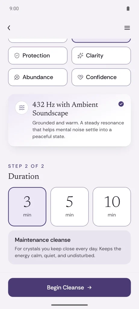 Crystal Cleanse app showing the matched 432 Hz sound and duration tiles of 3, 5 and 10 minutes