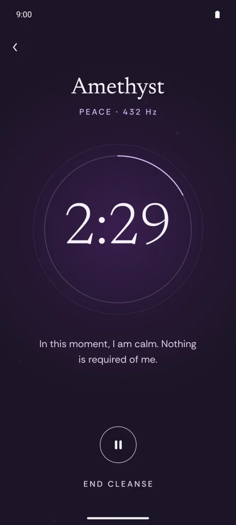 Crystal Cleanse app session screen for Amethyst, Peace, 432 Hz, with the timer at 2:29 and a pause button
