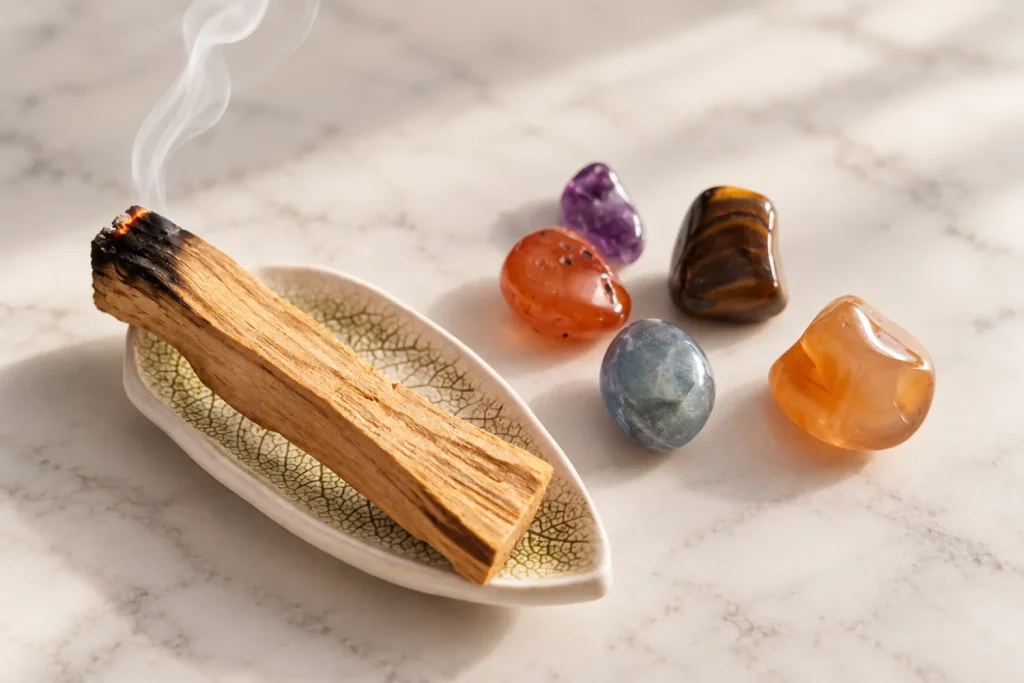 Burning palo santo stick on a leaf-shaped dish beside five polished tumbled stones