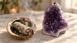 Smoldering sage bundle in an abalone shell, smoke rising, beside an amethyst cluster