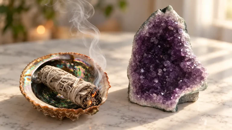 Smoldering sage bundle in an abalone shell, smoke rising, beside an amethyst cluster
